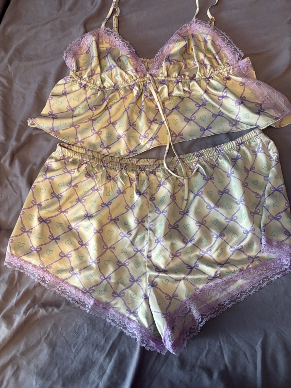 Satin Lace Trim Cami & Short Sleep Set - Lavender white